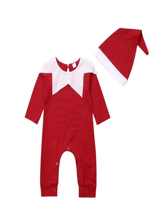 Gureui Newborn Baby Boy Girl Christmas Outfit Elf Costume with Hat Toddler Infant Long Sleeve Romper Onesie (A Red, 6-12 Months) - Image 1